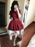 KYLETHOMASW  -  Red Vintage Waist Cinching Sweet Lace Dresses Y2k Lace Up Spring Summer Elegant Women's Dress Korean Fashion Design Ouutfit