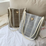 Kylethomasw Korean Fashion Canvas Bucket Bag Versatile Woven Shoulder Bag  Vintage Popular Women Handbag Side Bag for Ladies
