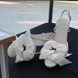 KYLETHOMASW  -  White Flower Sandals Round Toe Black Bow Detail Hollow Slingback Buckle Stiletto Heels Summer Party Dress Casual Shoes