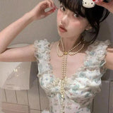 KYLETHOMASW  -  Spring Fashion Miu Style Dopamine Waist-Cinching Cat Print Bubble Hem Cami Dress for Women Female Lady Cute Summer Mini Dress