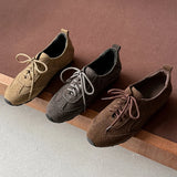 KYLETHOMASW  -  women's natural suede leather round toe lace-up flats oxfords high quality soft comfortable casual female flats shoes
