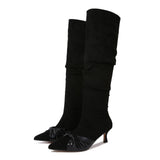 KYLETHOMASW  -  Ladies High Heels long boots winter shoes pointed toe leather bowknot flock knee high botas mujer 41-43 big size female booties