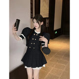 KYLETHOMASW  -  Socialite High end Black Two Piece Set Women Outfits Summer Short Slim Lace Bubble Sleeve Top High Waist Pleated Skir