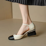 KYLETHOMASW  -  Women Sheepskin Leather Pumps Pearls Chunky Heels Shoes Brand Designer Two Tone Buckle Pumps Wedding Party Dressy Shoes