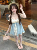 KYLETHOMASW  -  Summer Sweet Korea Fashion Fake Two Pieces Dress Woman Japanese Cute Loose Hanging Neck Dew Shoulder Short Design Dress New