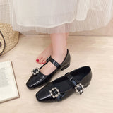 KYLETHOMASW  -  Women Patent Leather Rhinestone Buckle Mary Jane Square Toe Block Heel Dual Strap Casual Summer Office Wedding Party Pumps Shoes