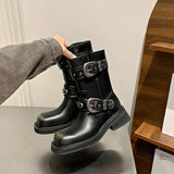 KYLETHOMASW  -  Autumn Winter Metal Belt Buckle Women Motorcycle Boots Fashion Rivet Patent Leather Platform Wedge High heels Chunky Boots Shoes