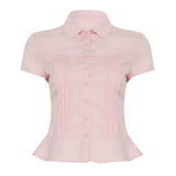 KYLETHOMASW  -  Solid Color Professional Women's Shirt Spring 2025 New V-Neck Pleated Girlish Age-Reducing Base Shirt Short Sleeve T-Shirt