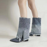 KYLETHOMASW  -  Designer Lapel Denim Women Ankle Boots Autumn and Winter Pointed Toe Korean Version Cowboy Boots Sexy Hottie Short Single Botas