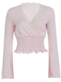 KYLETHOMASW  -  Y2k Summer V Neck Long Sleeve Solid Lace Patchwork Streetwear Slight Strech Women Clothing