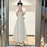 Kylethomasw Large Size Summer 2024 New Women's Floral Bubble Sleeved Dress with Square Collar, French Kikyo Tea Break Long Skirt