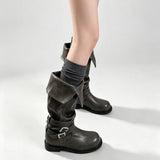 KYLETHOMASW  -  Retro Y2K Slouchy Knee High Boots Women Turn‑Down Folded Cuff Vintage Grey Moto Biker Boots Riding Boot Shoes