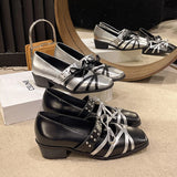 KYLTHOMASW  -   Bow Women Mid Heels Shoes Cross Belt Office Designer Sandals Summer Dress  Loafers Chunky Shallow Punk Zapatos Mujer Pumps