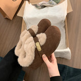 KYLETHOMASW  -  Winter Women Metal Buckle Loafers Warm Shoes Furry Ankle Boots Leopard Print Suede Shoes Short Plush Lining Flat Heel Shoes