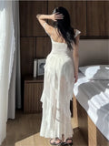 KYLETHOMASW  -  Fashion 2025 Summer White Ruffles Irregular Long Holiday Dress Fairy Women Sheer Mesh Sleeveless Vacation Beach Seaside Dress