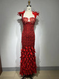 Kylethomasw Women Summer Luxury Sexy Mesh Sequins Feather Red Maxi Long Gowns Dress Elegant Evening Party Club Dress