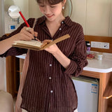 KYLETHOMASW  -  Oversized Vintage Striped Shirts Blouse for Women Wrinkled Cotton Full Sleeve Tops Female