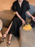 KYLETHOMASW  -  Ladies Dress Summer New Elegant Embroidered Hook Flower Lace Short Sleeve Waist Long Elegant Dresses