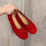 KYLETHOMASW  -  Autumn New Brand Women Flat Shoes Fashion Round Toe Pleated Shallow Slip On Boat Shoes Soft Flat Heel Single Shoes