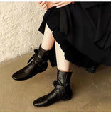 KYLETHOMASW  -  Autumn Winter Soft Leather Lace-up Women Ankle Boots Comfortable Flats Short Booties Fashion Bowknot Chelsea Boots Shoes Botas