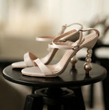 KYLETHOMASW  -  White Satin Open-Toe Sandals Pearl Stacked Heel Thin Strappy Design Adjustable Ankle Buckle Elegant Style Perfect for Lady