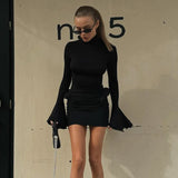 KYLETHOMASW  -  New High Collar Long Sleeve Ruched Sexy Mini Dress Women Fashion Fall Elegant Ruffles Club Party High Waist Solid Dresses