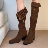 KYLETHOMASW  -  Women Leopard Knee High Boots Sexy High Heels Shoes Winter Warm Long Boots New Suede Pumps Chunky Chelsea Boots Snow Botas