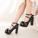 KYLETHOMASW  -  Summer 2025 Ladies 2.5 Platform Cute Bow Lace Princess Lolita Shoes Party 10cm High Heel Buckle Big size 43