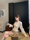 KYLETHOMASW  -  French Apricot Double-layer Lapel Long-sleeved Shirt for Women in Autumn Lace Fitted Waist Shirt