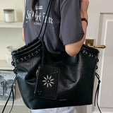 KYLETHOMASW  -  Vintage Lace Up Side Tote Bag Crinkled Faux Leather Shoulder Bag With Daisy Mini Zipper Pouch Large Daily Commuter Bag For Women