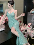 KYLETHOMASW  -   Women's Sexy Green Evening Dresses Slim Backless V-Neck Split Gown Long Dress Fashion Robe Birthday Party Vestidos Spring Autumn