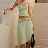 KYLETHOMASW  -  Women 2 Piece Skirt Outfit Boho Floral Spaghetti Strap Backless Tie Up Cami Crop Top Irregular Hem Midi Skirt Holiday Beachwear