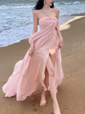 KIylethomasw Summer Pink Elegant Pleated High Waist Split Long Dress Women Fashion Backless Halter Strapless Fairy Dress Female 2024 Vestido