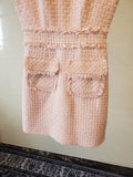 KIylethomasw Small Fragrance Runway Pink Tweed Dress Women's Sleeveless O Neck Zipper Vintage Fringe Tassels Wool Two Pockets Tank Vestidos