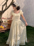 KYLETHOMASW  -  Lace Ruffles Long Dresses Solid Square Neck Spring Summer Princess Dress Women A-line Vintage Sweet Vestidos Mujer
