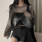 KYLETHOMASW  -  Korean Fashion Women T Shirts Chic Design Gradient Irregular Hollow Out Knitted Top 2024 Summer Loose Long Sleeved Pull
