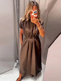 KYLETHOMASW  -  Elegant Women Short Sleeve Midi Dress New Spring Summer Sexy Round Neck Draped High Waist Robe Office Party Long Dresses