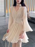 KYLETHOMASW  -  Elegant V-Neck Flare Sleeve A-Line Mini Dress Fashion Pleated Chiffon Temperament Birthday Prom Femme Vestido Mujer New Autumn