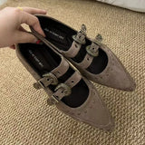 KYLETHOMASW  -  Fashion Rivets Pointed Toe Mary Jane Shoes Women High Quality Designer Double Belt Buckle Design British Style Casual Flat Shoes