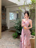 KYLETHOMASW  -  Woman Dress Sexy Elegant Sleeveless Floral Printed Spring Fashion Irregular Ruffles Holiday Hollow Out Backless Dresses