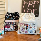KYLETHOMASW  -  Portable Transparent Pocket Drawstring Backpack PU Lightweight Itabag Handheld Bag Large Capacity Shoulder Bag Casual