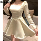 KYLETHOMASW  -  Women Elegant Chic Satin Mini Dress Spring Summer Casual A-Line Solid Party Evening Clothes Female Long Sleeve Vestidos New