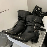 KYLETHOMASW  -  Black Gothic Shoes Platform Rivet Belt Buckle Chunky Heels Ankle Boots Punk Woman Cowboy Western Boots 2025 New Arrival