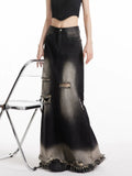 Kylethomasw Ripped Jeans Long Skirts for Women Y2k Vintage Loose Do Old Wide Leg A-line Denim Skirt Harajuku Causal Summer Bottoms