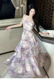 KYLETHOMASW  -  Women's Elegant Lavender Floral Tiered Dress Summer Spaghetti Strap Ruched Asymmetric Ruffle Tulle Long Dress Beach Vacation