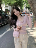 KYLETHOMASW  -  French Women Beige V-neck Holiday Cotton Sweater Autumn Pink Long Sleeve Knitted Pullover Tops Fashion 2024 Clothing Streetwear 