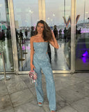 Kylethomasw  Fashion Sequins Denim Set Women Strapless Tunic Waist Crop Top and Wide Leg Pant Suit 2024 New 2 Piece Sets Outfits Tracksuit