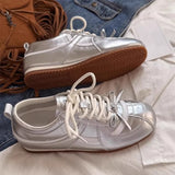 KYLETHOMASW  -  Women Sneakers Spring Summer New Leather Sweet Fashion Casual Flats Women Lace-up German Training Shoes Women Silver 321