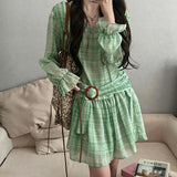 KYLETHOMASW  -  Dopamine green plaid v-neck long-sleeved shirt dress women's early spring beautiful beautiful design skirt