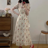 KYLETHOMASW  -  Women's Vintage Floral Print Midi Dress Square Neck Puff Sleeve Lace Patch High Waist A-line Summer Dress